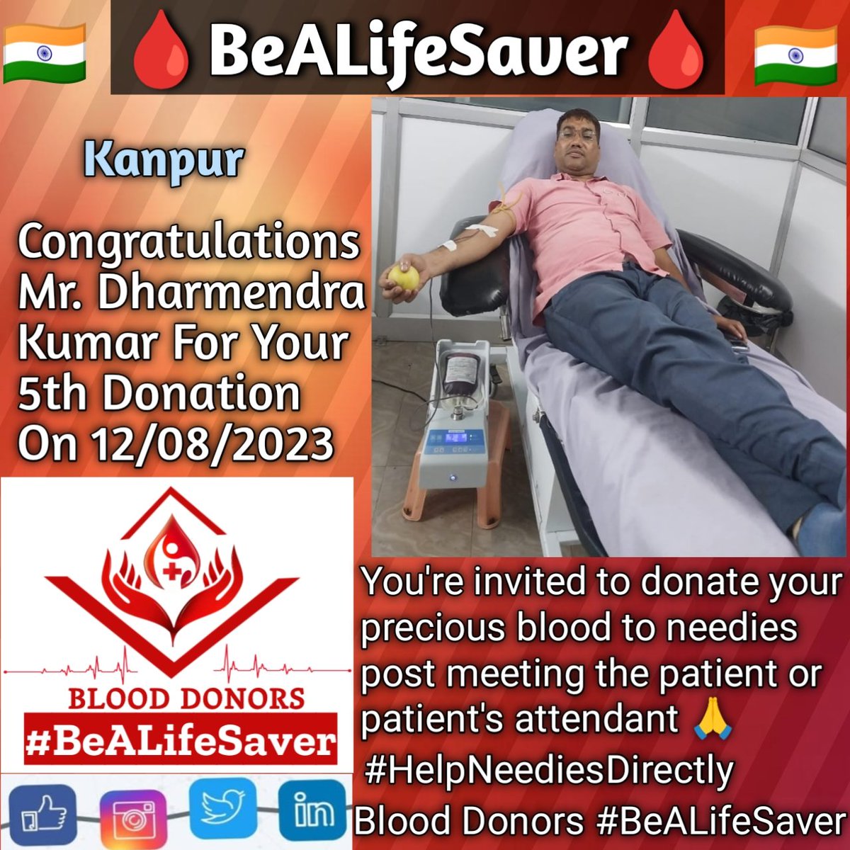 BeALifeSaver1's tweet photo. #Kanpur #BeALifeSaver
#Kudos_Mr_Dharmendra_Kumar_Ji
Today's hero
Mr. #Dharmendra_Kumar Ji donated blood in #Kanpur for the #5thTime for one of the needies. #Heartfelt #Gratitude and #Respect to Dharmendra Kumar Ji for his blood donation for Patient admitted in Kanpur. https://t.co/2xN6iaBzId