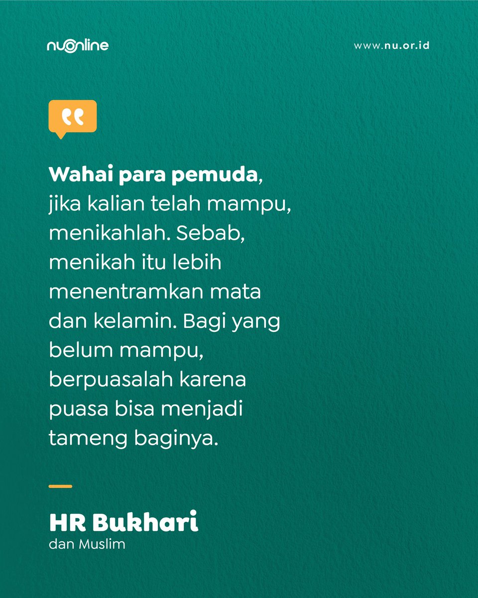 nu_online's tweet photo. Menikahlah mblo, maka dirimu akan tentram. Ini hadits Nabi SAW ya.. 😊

#nahdlatululama #nuonline #malamminggu #menikah #malming #jomblo https://t.co/uzBB97Ju26