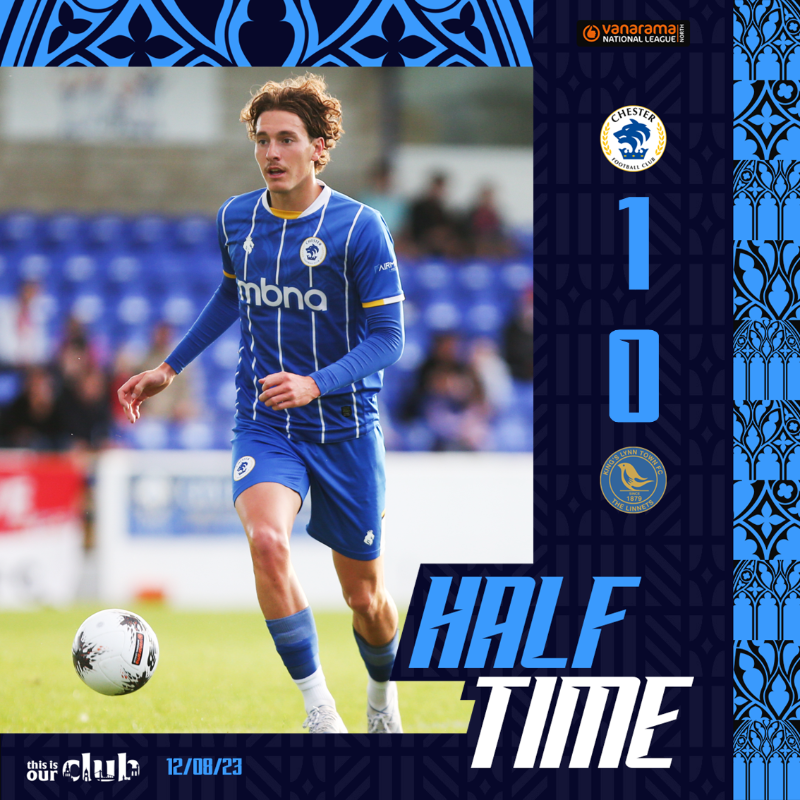 ChesterFC's tweet photo. HT: #ChesterFC 1-0 @officialKLtown.

A really good, battling, committed half of football from the Blues. ZG7's early strike is the difference so far! 💪 

#OurClub | #CFCKLT
