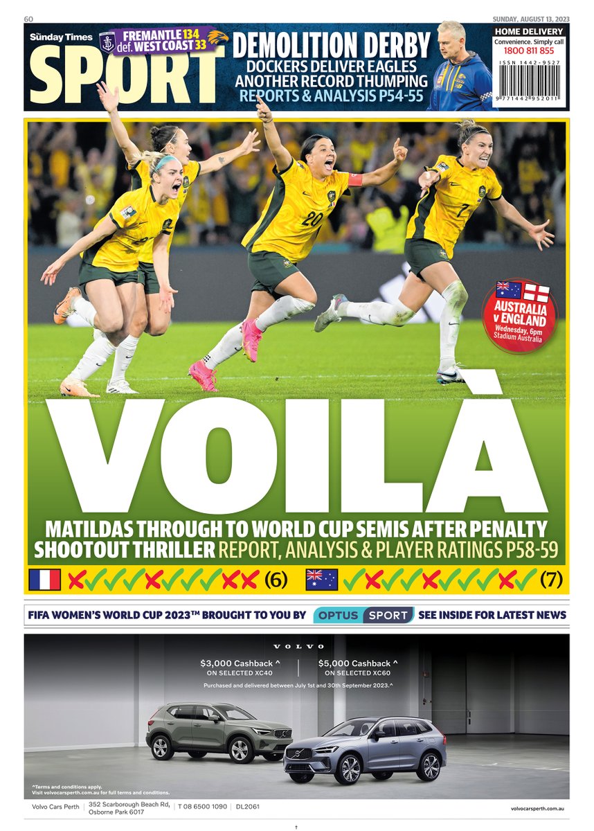 The back page of tomorrow's The Sunday Times. #Matildas #AFLEaglesFreo