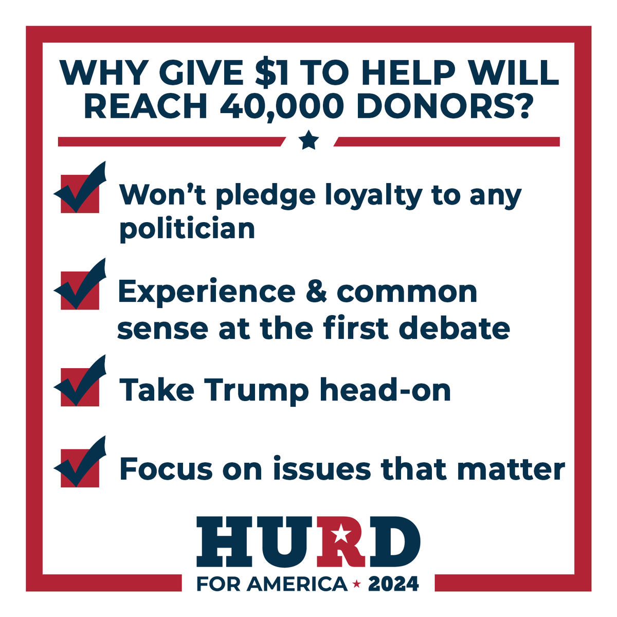 WillHurd's tweet photo. We are so close to hitting the necessary 40,000 donors. If you haven't, please chip in just $1 and get experience and common sense at the first debate. 

Link: https://t.co/tMMYO5vVQt https://t.co/blYqhsJ8W6