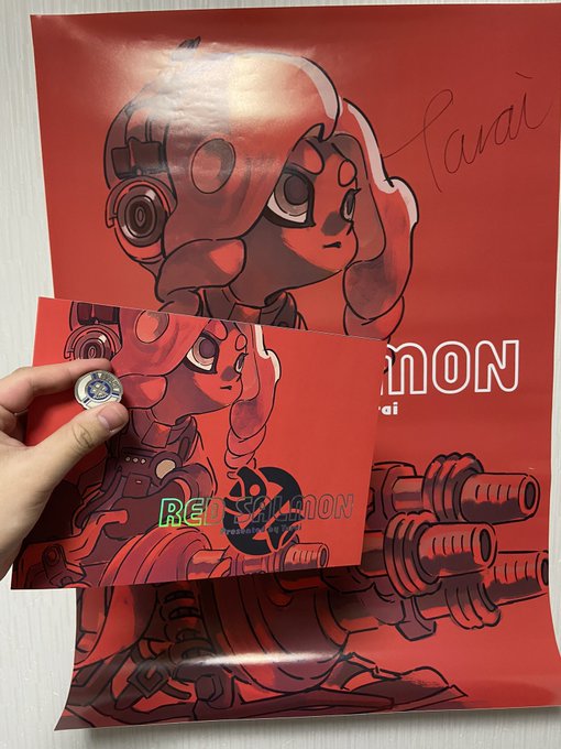 戦利品その3 絵がうますぎるTaraiさんの新刊とかバッジとかサイン入りポスターいただきました!! やっぴーー!! 額縁が欲しいな。
