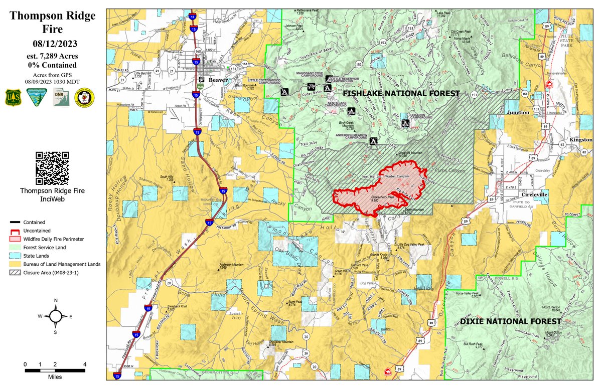 UtahWildfire's tweet photo. #ThompsonRidgeFire Update 8.12.23: The fire is 7,289 acres & 0% contained. Thanks to rain, cooler temperatures, and high humidity, the Thompson Ridge Fire has seen little growth the last few days. https://t.co/XSPKYmysQ8