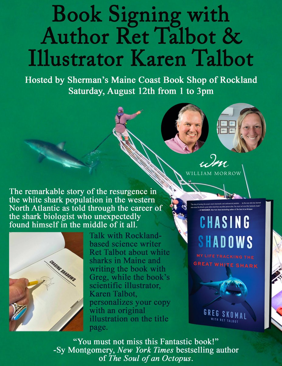 Ret Talbot (@rettalbot) on Twitter photo I'll be signing CHASING SHADOWS (@williammorrowbooks) at <a href="/Shermansbooks/">Sherman's Books</a> Rockland today fr 1-3. The book, written with shark biologist <a href="/GregSkomal/">Greg Skomal</a>, is about the resurgence of the white shark population off New England. <a href="/karentalbotart/">Karen Talbot Art</a> will be with me to illustrate your book! I'll be signing CHASING SHADOWS (@williammorrowbooks) at <a href="/Shermansbooks/">Sherman's Books</a> Rockland today fr 1-3. The book, written with shark biologist <a href="/GregSkomal/">Greg Skomal</a>, is about the resurgence of the white shark population off New England. <a href="/karentalbotart/">Karen Talbot Art</a> will be with me to illustrate your book!