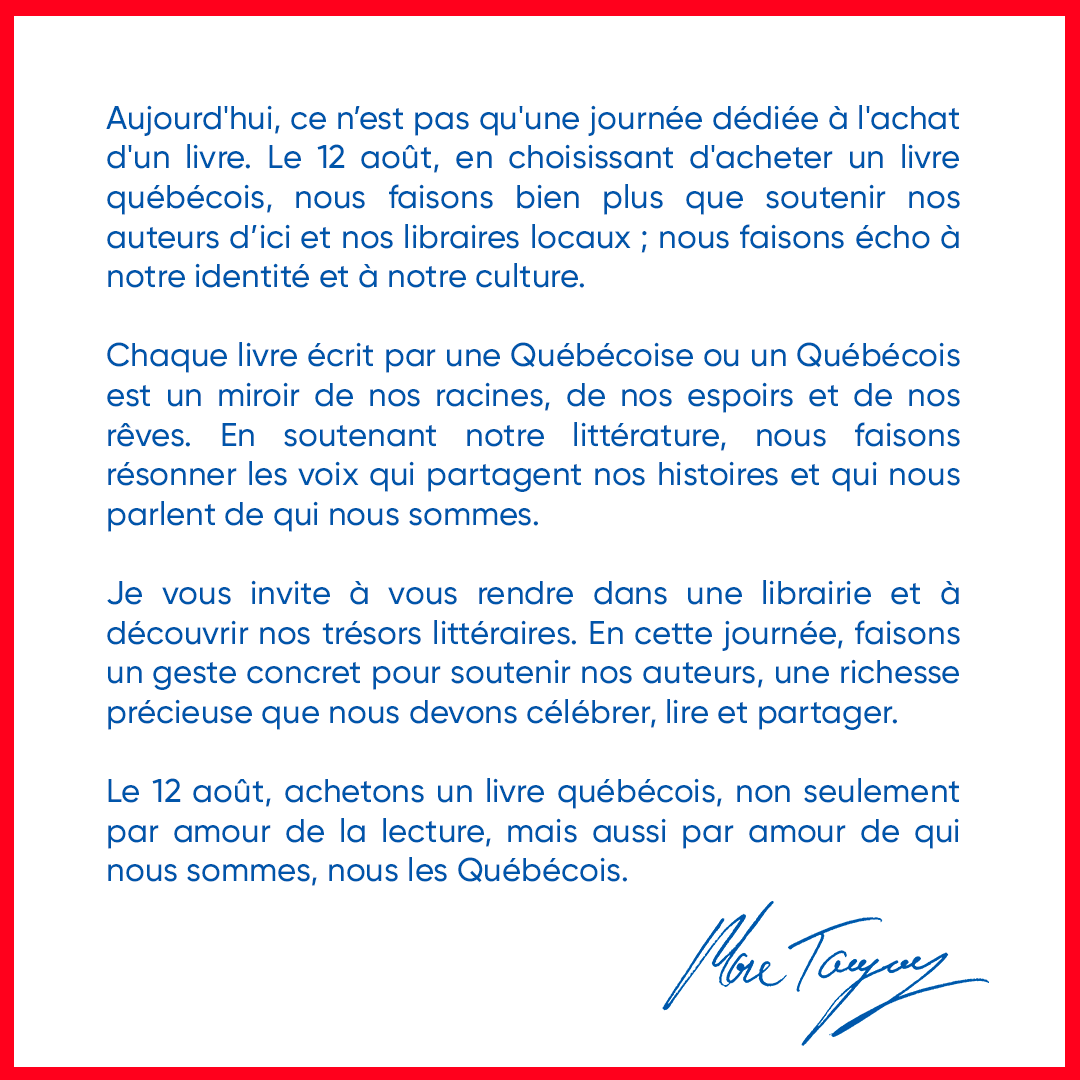 marc_tanguay's tweet photo. 📚 Le 12 août, achetons un livre québécois, non seulement par amour de la lecture, mais aussi par amour de qui nous sommes, nous les Québécois.
J'ai hâte de vous partager mes achats littéraires de la journée.
@ALQ_info #jacheteunlivrequebecois #PolQc https://t.co/FohKiW809g
