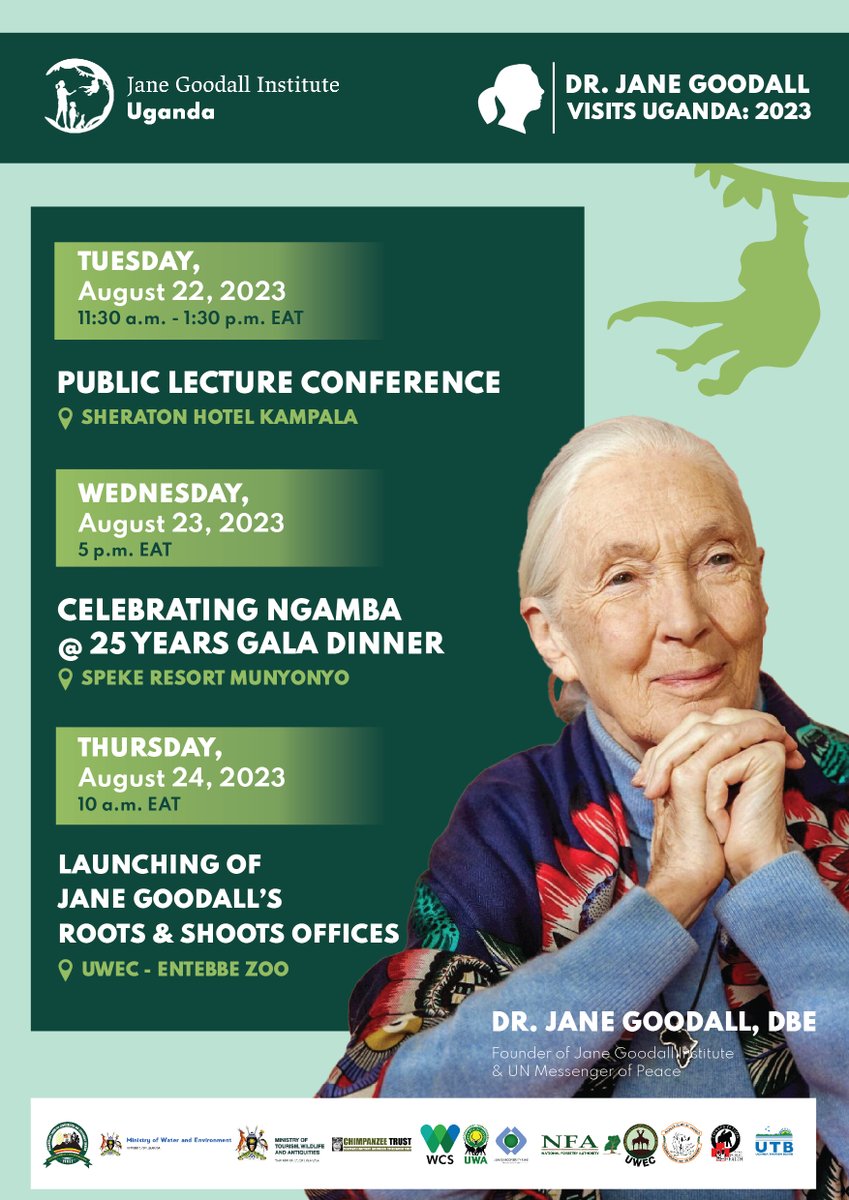 JGI_ug's tweet image. On August 20–25, 2023, we will welcome Dr. Jane Goodall to #Uganda for a week of inspiration, conservation, ground-breaking discussions, and a great opportunity to meet like-minded individuals, leaders, conservationists, and Dr. Jane Goodall herself. #Conservation #biodiversity