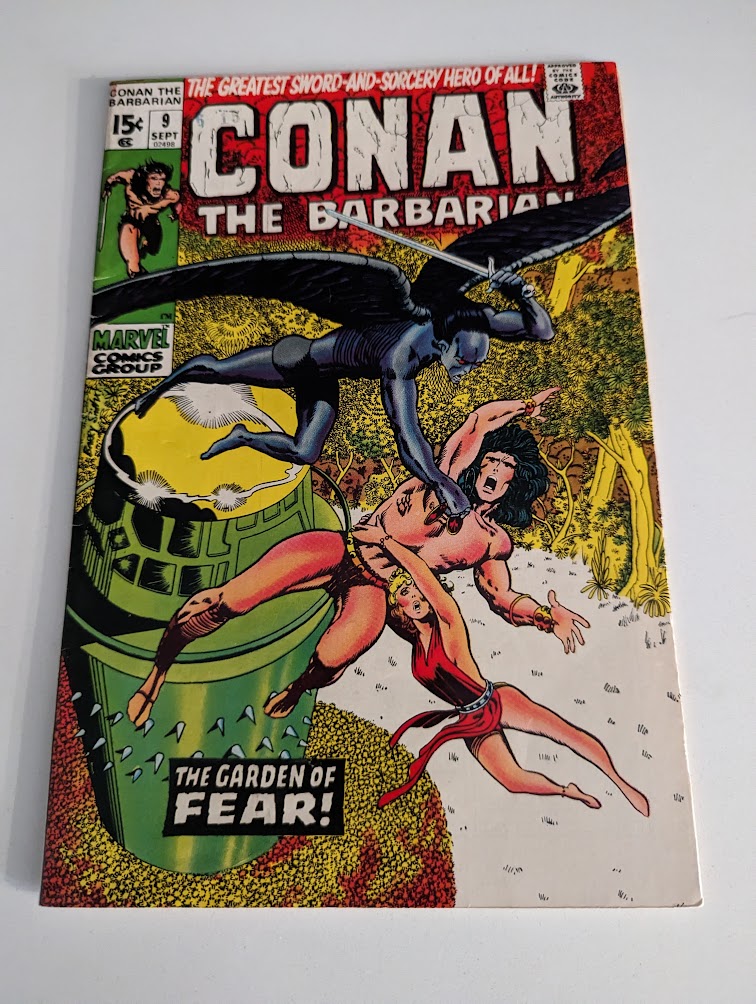WolbertJames's tweet photo. Jimmy's Recent Purchase: #ConanTheBarbarian. Issue 9. #RoyThomas, writer. #BarrySmith, artist. "The Garden of Fear" was adapted from the story by #RobertHoward, the creator of #Conan. Here Conan rescued Jenna, his current lady, from the winged demon shown here. https://t.co/JGk6sHf3hr