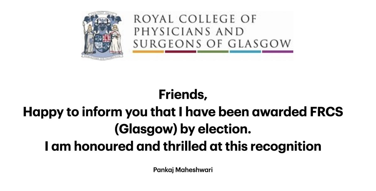 Happy to share that I have been awarded FRCS (Glasgow) by invitation. Feeling very honoured and thrilled at this recognition.
