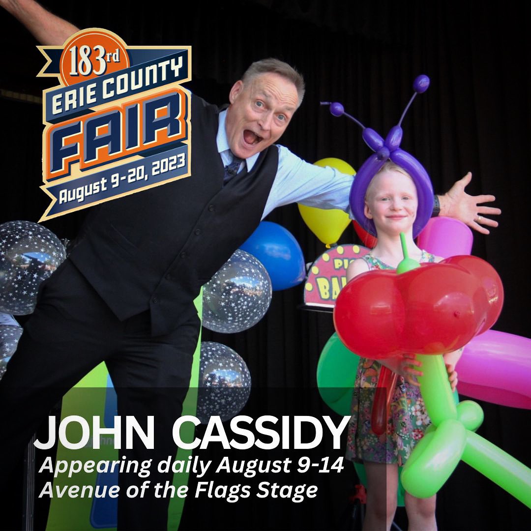 🎈 Grab your popcorn and get ready for John Cassidy's mind-blowing "Comedy, Magic and Really Weird Things with Balloons" show at the Erie County Fair! 🎉 From August 9th to 14th, catch him on the Avenue of the Flags stage at 2pm and 7pm daily!