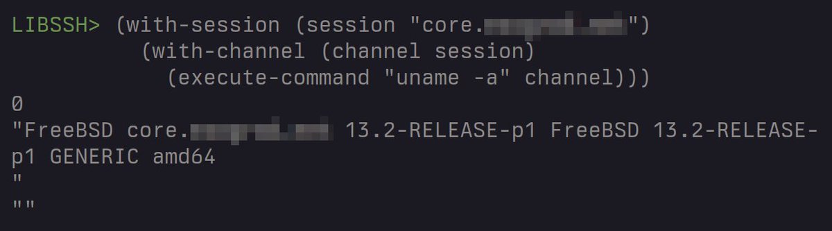 nmartyanoff's tweet image. Finally found the time to start binding libssh in #CommonLisp.

A bit more work than expected becaus libssh is low level. But I can use my own sockets and control everything, good.

Now I can execute commands and get the exit code, stdout and stderr!

Next step, SFTP support.