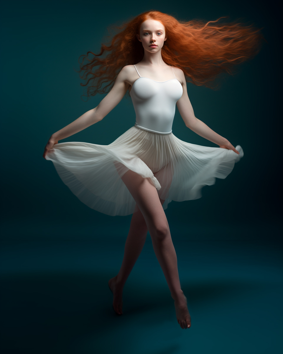 BlankCanvasAI's tweet photo. Visualize a ballerina, her red hair &amp; icy eyes dancing in a cloud-like outfit. Her moves blend elegance &amp; energy, like tech &amp; creativity in our lives. #AIart #MidjourneyAI #BalletInspiration #CreativityInDance https://t.co/ViRGnFeOq9