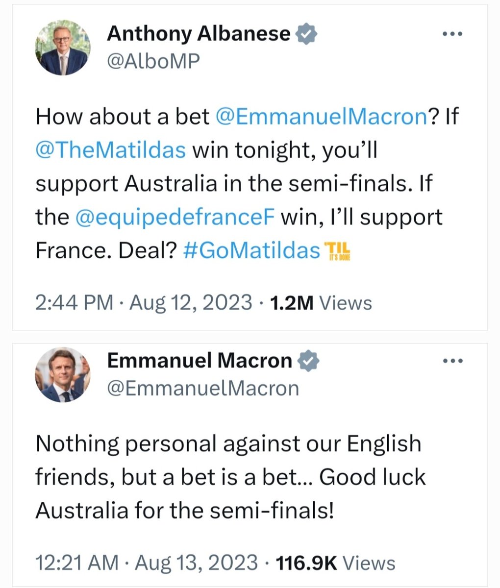This exchange between Australian PM <a href="/AlboMP/">Anthony Albanese</a> and French President <a href="/EmmanuelMacron/">Emmanuel Macron</a> re the #AUSvFRA #FIFAWWC game is delightful. 🇦🇺 🇫🇷 #ViveLaFrance #GoMatildas #TilitsDone #FIFAWomensWorldCup2023