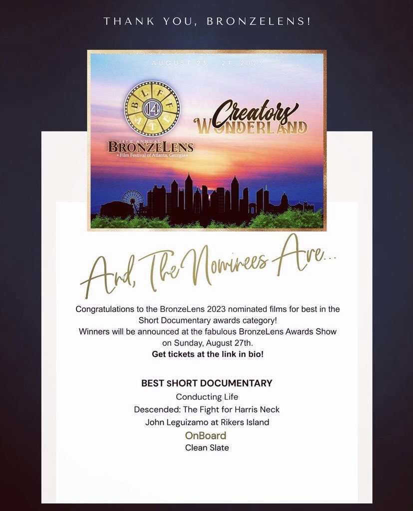 Honored for <a href="/OnBoardTheFilm/">OnBoardTheFilm</a> to be on the nominee list for the <a href="/BronzeLens/">BronzeLens Film Fest</a> Best in the Short Documentary Awards category! Get your tickets now! Film screens Saturday 8/26/2023, 4:49pm, Theater 4, Landmark Midtown Art Cinema, 931 Monroe Dr NE bronzelens.com #BronzeLens2023