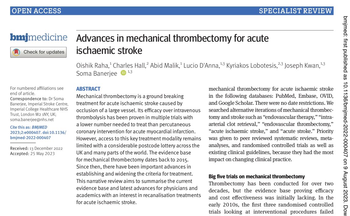 🚨NEW: Advances in mechanical thrombectomy for acute ischaemic stroke - summary of the latest research evidence for this game-changing brain-saving treatment @SomaBanerjee73 @StrokeImperial @luciodanna2 @ImperialBrains bmjmedicine.bmj.com/content/bmjmed…