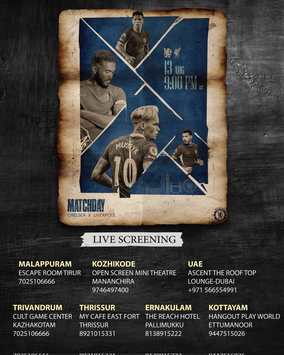cfckerala's tweet photo. @ChelseaFC are into first match in @premierleague of the season against @liverpoolfc.  We conduct seven screening centers around the globe to watch the tremendous action together. Come on, Join us #Blues. @plforindia #MatchDay #PremierLeague  #cfckerala #cfcfamily #cfk #KTBFFH https://t.co/prCuGCGhTU