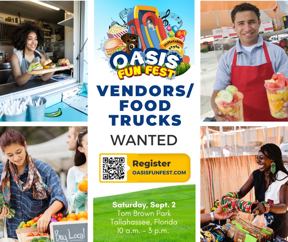 OasisCtr's tweet photo. Are you a local business or freelancer? Come set up shop at the Oasis Fun Fest. Join 40+ local vendors for an action-packed, fun-filled event. 
 https://t.co/5xWj5296nB
#oasisfunfest #familyfun #tombrownpark #tallyevents #myoasislife #eventtickets #OFF23 #backtoschool #famu #fsu https://t.co/kSmseVZ5ER