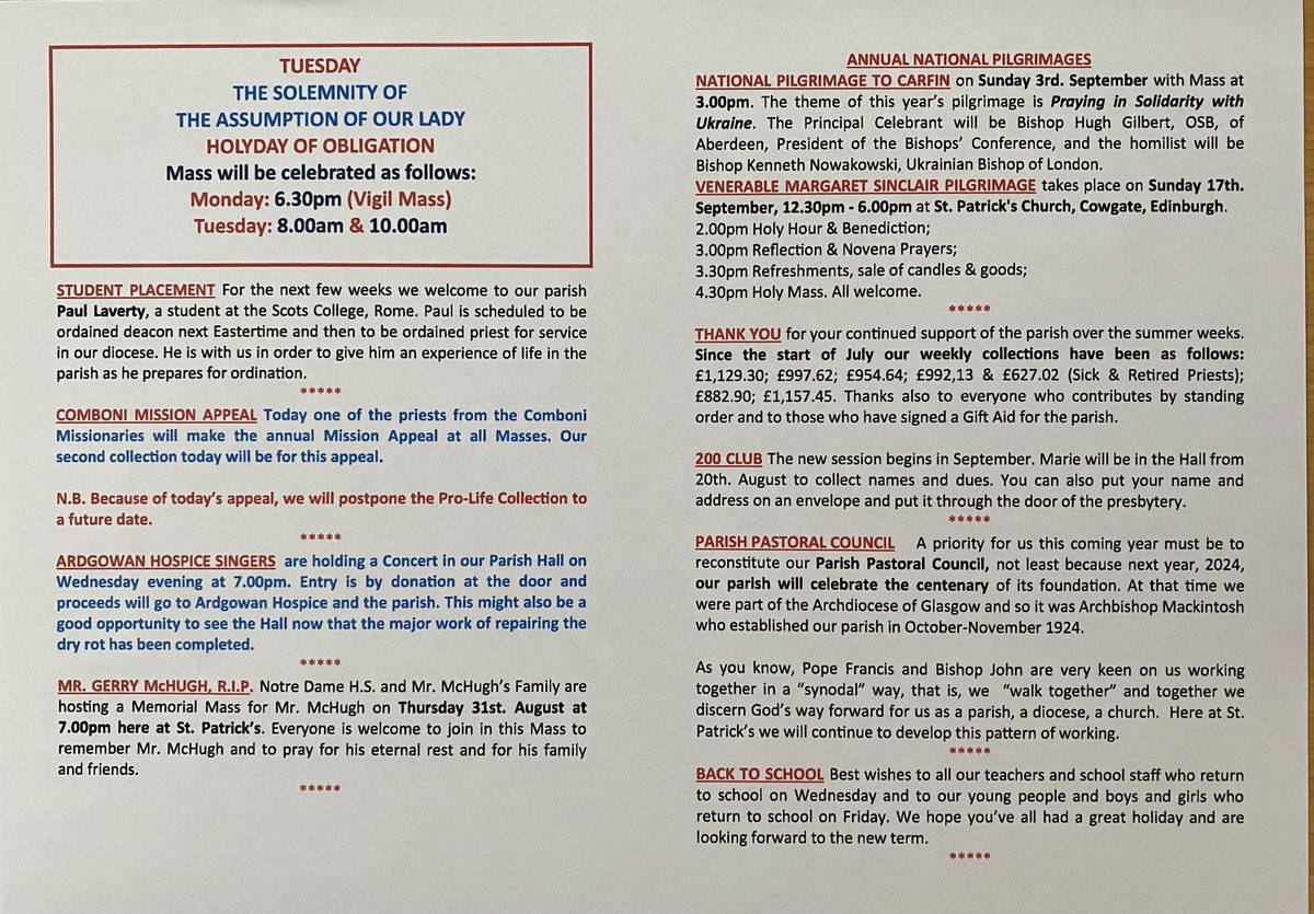 SPG BULLETIN 13.08.2033: 19th Sunday of Ordinary Time: Tuesday, Solemnity of the Assumption: Wednesday, Hospice Singers concert in our hall@7pm.