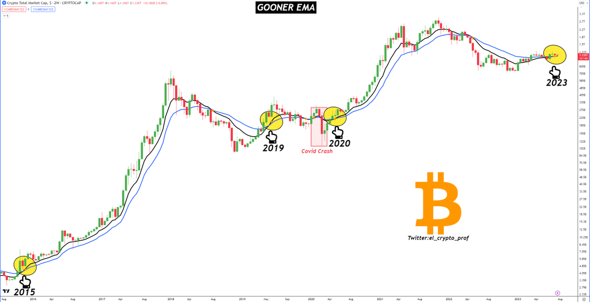 el_crypto_prof's tweet photo. #Bitcoin #Altcoins 

The Gooner EMA has recently crossed bullish (2W timeframe).🎯

In 2015 and 2020, this signaled the start of a rally in the entire crypto market. https://t.co/6n7mCvx9Ad