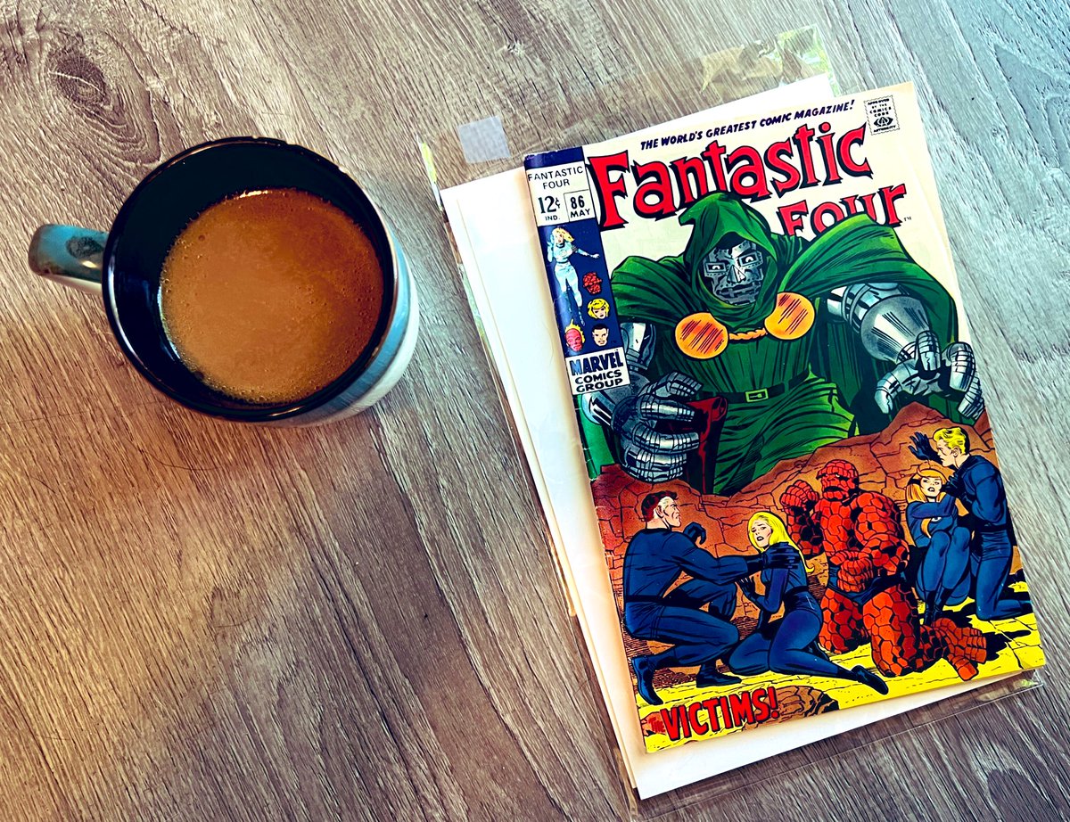 bryancburge's tweet photo. Saturday morning #CoffeeandComics read, #FantasticFour 86. -!DOOM!- by #StanLee & #JackKirby w/ #Sinnot inks. The 3 amigos were at the top of their game. Issue features gorgeous interiors & the return of the #InvisibleWoman from maternity leave, following the birth of her son. https://t.co/u180CC3MuA