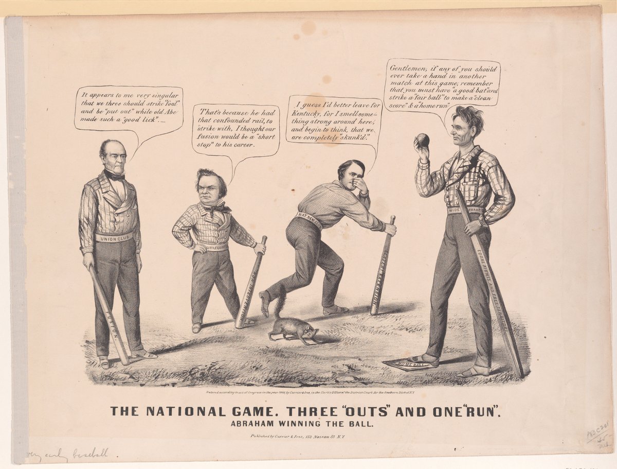SABRIconography's tweet photo. Baseball as political metaphor. Published before the 1860 presidential election, Abraham Lincoln is the victor in this lithograph published by Currier &amp; Ives, controlling home plate and the ballpark against the linkes of Stephen Douglas and John C. Breckinridge. 1/2 https://t.co/CRescvxaLL