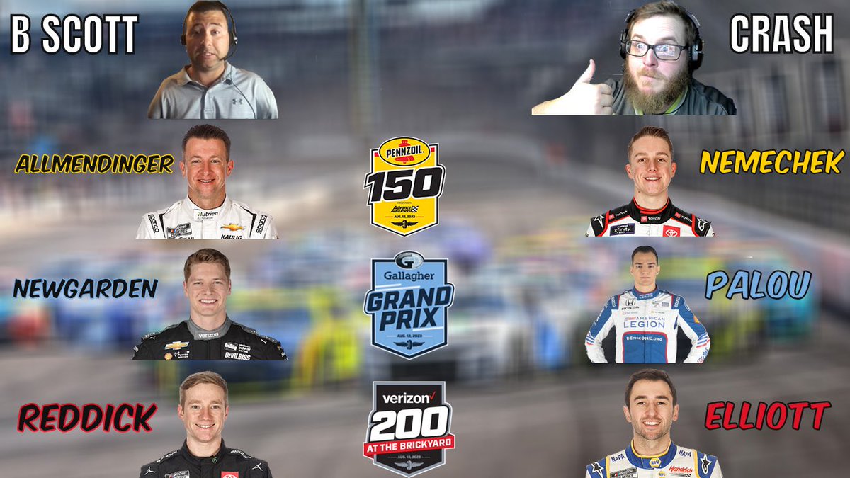 Here are @CrashCourseFM and @Brandon_Scott87’s picks for the #NASCAR75 and #INDYCAR races this weekend! 

What say you? #Pennzoil150 #Verizon200 #GallagherGP