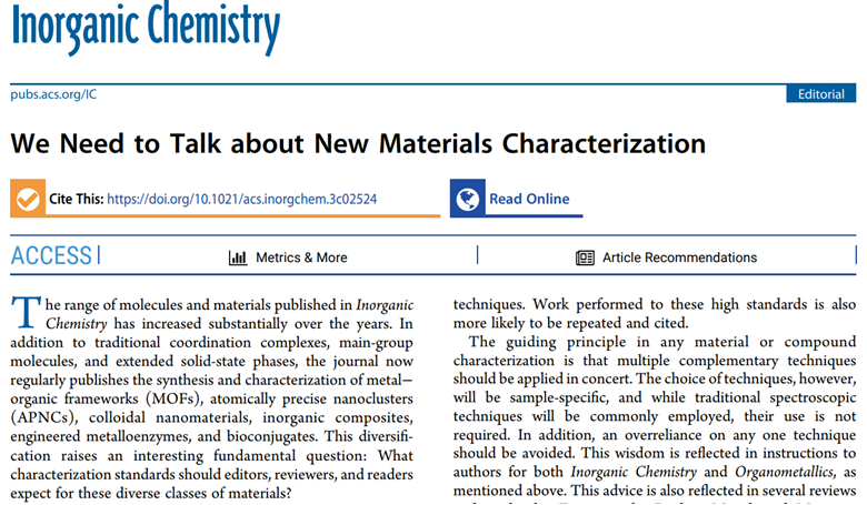 Next time you sit down to write up your latest results on MOFs or atomically precise clusters, think about your characterization methods and data. What should be required? Have you done enough? Check out this @InorgChem editorial to join the conversation pubs.acs.org/doi/10.1021/ac…