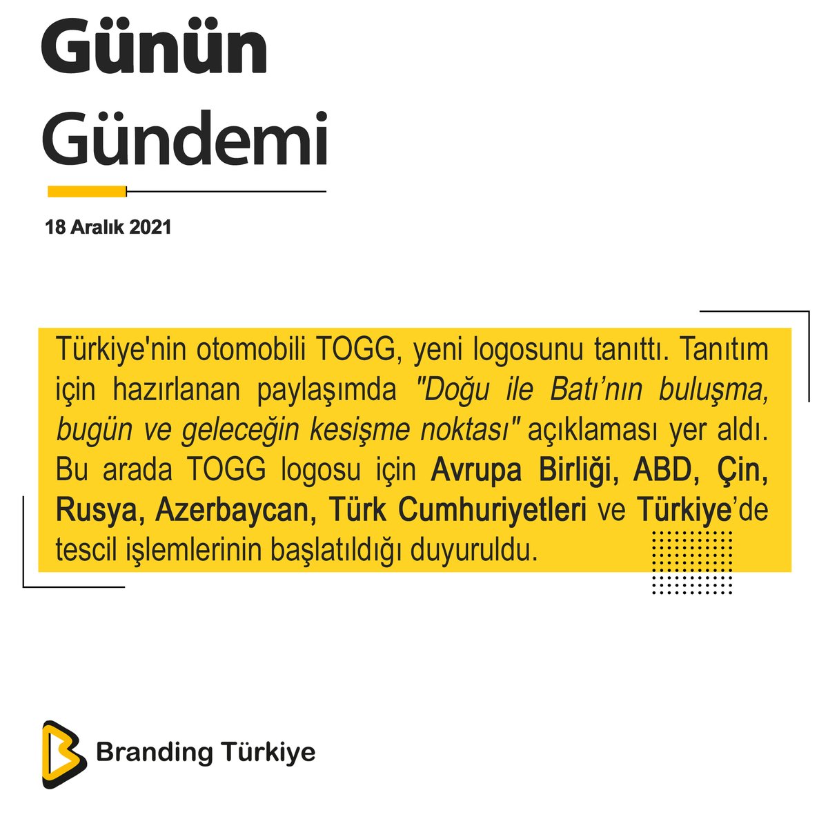 BrandingTR_'s tweet photo. #18Aralık2021
Türkiye'nin otomobili TOGG, yeni logosunu tanıttı.
▶ https://t.co/gCNa7nBjml
#BrandingTürkiye #GününGündemi #Haberler #YerliAraba #YerliOtomobil #TOGG #TürkiyeninOtomobili #Logo #Tasarım #Tescil #LogoTescil https://t.co/z5JinEzwO7