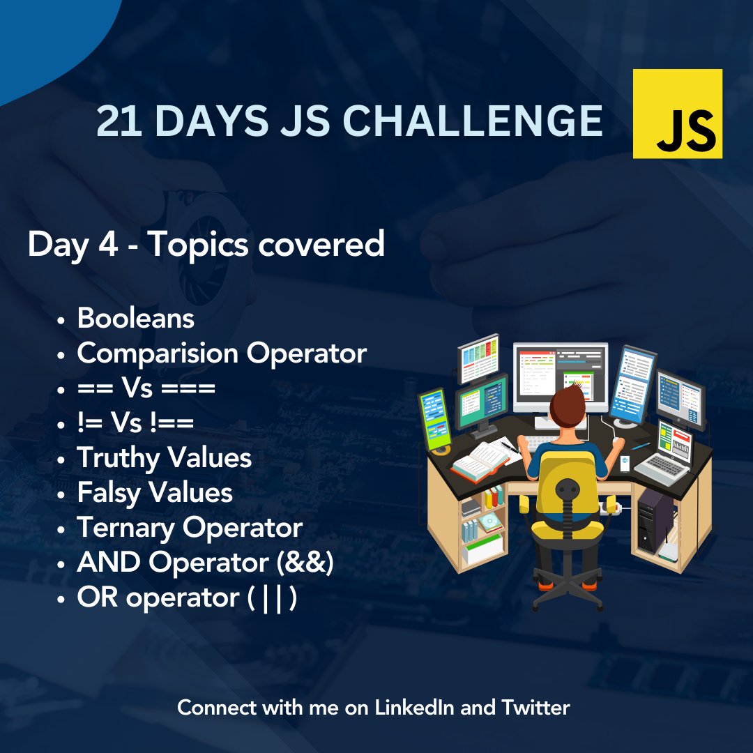 iamhvsharma's tweet image. Today I learnt about Booleans, Comparison operator, Ternary Operator, Truthy and Flasy values, AND Operator and OR Operator.
Here is my Day 4 Progress in my 21 Days Challenge!
#codingchallenge #javascript #javascriptlearning #codingjourney #webdevelopment #Webdesign