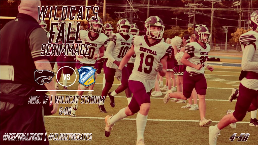 CentralFight_FB's tweet photo. Fall scrimmage information:

Wildcats will host the Madison Prep Chargers on Thursday August 17 at Wildcat Stadium! Start time is set for 6:00pm. 

#CloseTheGates | #CentralFight https://t.co/JI1XZWHmFP