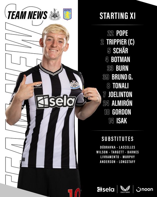 Newcastle United v Aston Villa:

Pope, Trippier, Schär, Botman, Burn, Bruno G., Tonali, Joelinton, Almirón, Gordon, Isak.

Subs: Dúbravka, Lascelles, Wilson, Targett, Barnes, Livramento, Murphy, Anderson, Longstaff.