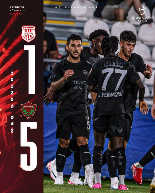 Turkiye_Spor's tweet photo. #PSvHTY I Pendikspor 1 - 5 Atakaş Hatayspor
Hatayspor, Süper Lig'in yeni ekibini deplasmanda 5'ledi.
Volkan Demirel yönetimindeki Akdeniz ekibi yenilenen kadrosu ve oynadığı futbolla takdir topladı.
https://t.co/f2cJoL2O5q https://t.co/5h3OrSXhIN