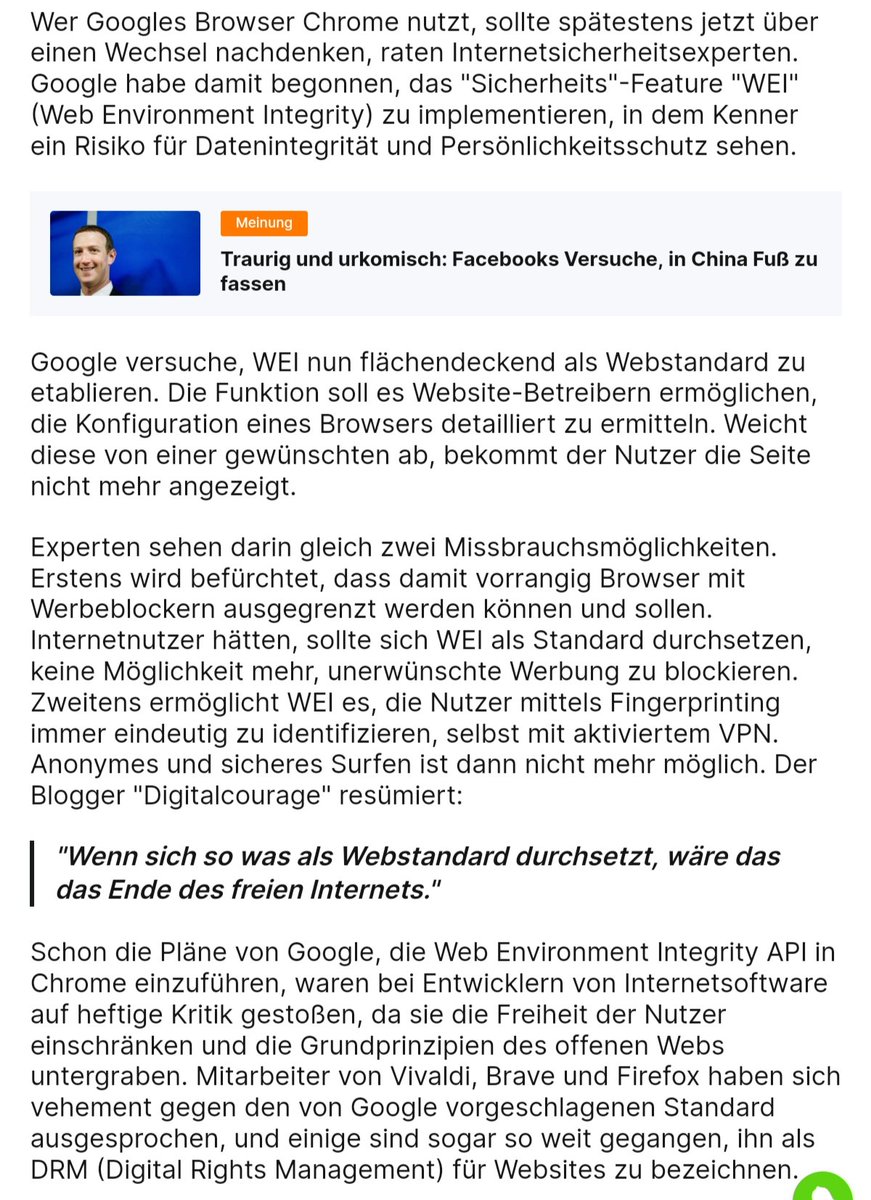 rawhead2's tweet photo. Ich werde mich ernsthaft in den neuen, von Google propagierten Webstandard einlesen und sollte dieser wirklich so bedenklich sein, die Nutzung von Google so weit wie möglich einschränken!
#google #Chrome #WEI #WebEnvironmentIntegrity @googlechrome https://t.co/dM73sV16pP
