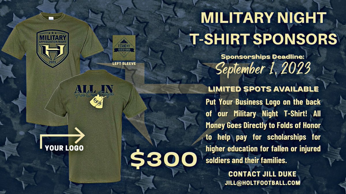 NationHolt's tweet photo. Military Night Sponsors needed! Deadline is September 1st and all proceeds go directly to Folds of Honor St. Louis! Email Jill Duke at jill@holtfootball.com if interested! https://t.co/2UgheZkTqy