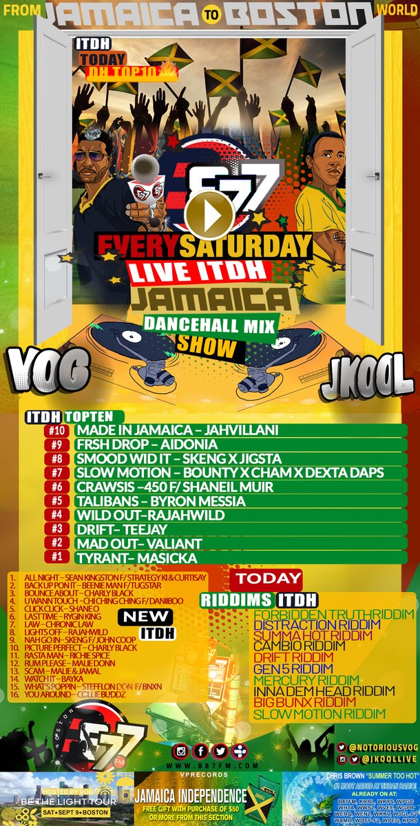 💬RIGHT NOW
Steps👣 #ITDH🇺🇸🇯🇲 
»» ⤵Inside The Dancehall💫
3-6p EST with 
<a href="/NotoriousVOG/">V.O.G</a>
&amp; "Original" <a href="/JKoolLIVE/">JKOOL</a>
with 🆕DH Top10🔥

📻 LISTE⤵N NOW b87fm.com/player
tun.in/sfxnB

#Live #Music #Interview #NewMusic #Boston #Jamaica #Reggae #Dancehall