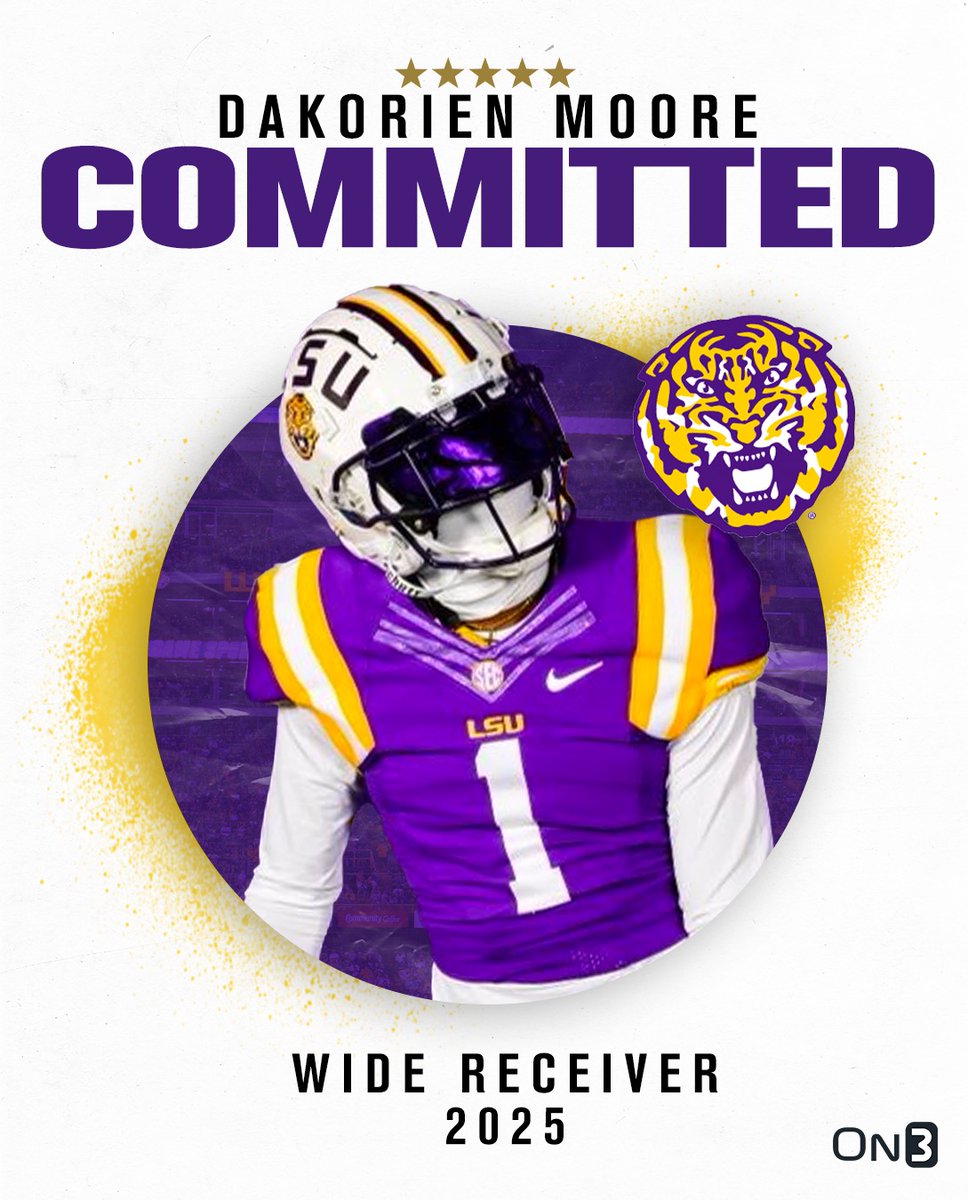 BREAKING: #LSU pulls off the surprise.

The Tigers have landed a commitment from 5-star Dakorien Moore.

LSU goes back to Duncanville High and gets the No. 2 WR in the country.

"It’s just WRU. You’re wrong if you didn’t have LSU at the top as a wideout.”

on3.com/teams/lsu-tige…