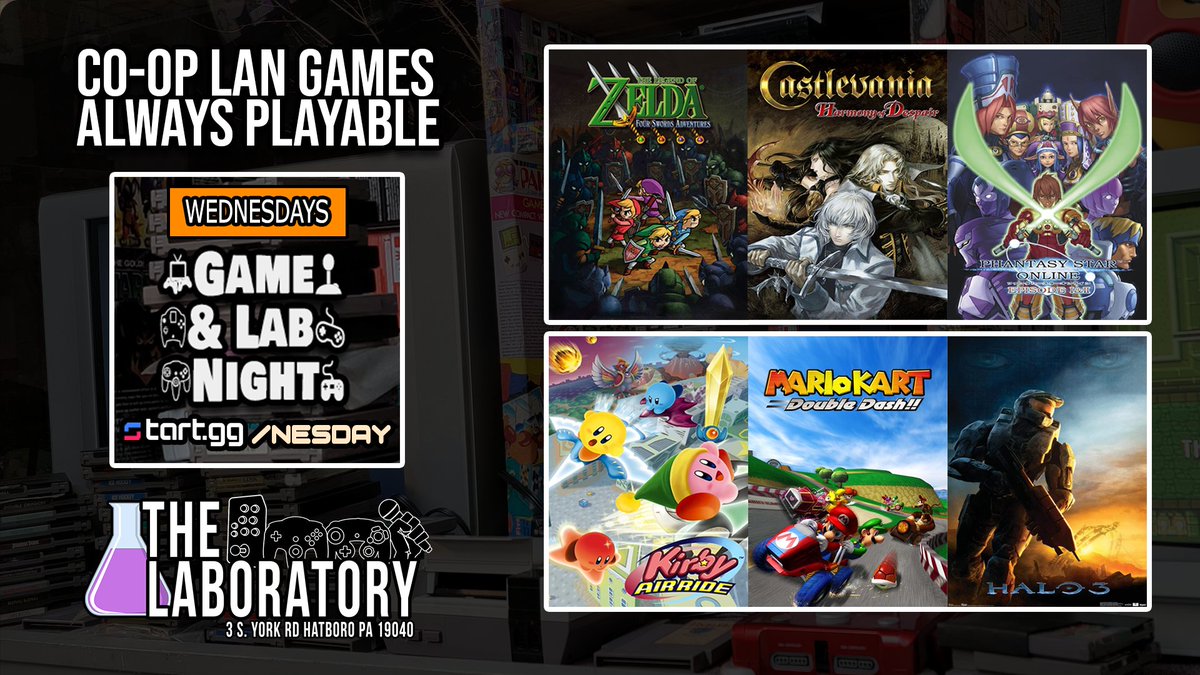 TheGamingLab_'s tweet photo. Every Wednesday, you can play classic Co-Op/Competitive LAN games @TheGamingLab_ including but not limited to:

#CastlevaniaHD (XB360)
#LegendOfZeldaFourSwords (Coming Soon)
#PhantasyStarOnline (GC/XB)
#KirbyAirRide
#MarioKartDoubleDash
#Halo3

https://t.co/vyjAyhy4R6 https://t.co/yBljsbSu5B