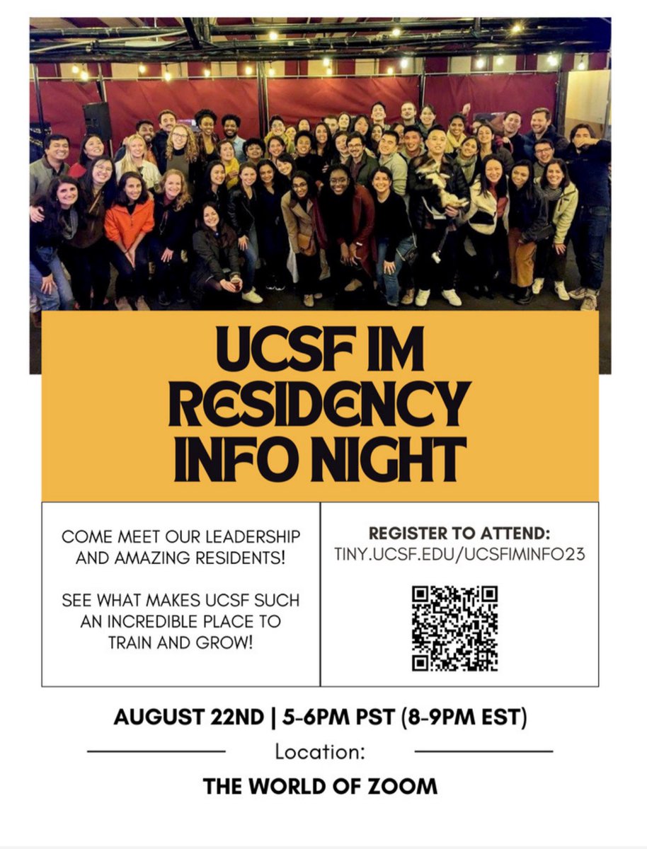 Sarah Alba-Nguyen, MD (@salbanguyenmd) on Twitter photo Inviting all MS4s interested in internal medicine to join our <a href="/UCSFIMChiefs/">UCSF IM Chiefs</a> info session! Learn more about our incredible program and meet the best part of it - our residents!
Register to attend: tiny.ucsf.edu/UCSFIMInfo23 Inviting all MS4s interested in internal medicine to join our <a href="/UCSFIMChiefs/">UCSF IM Chiefs</a> info session! Learn more about our incredible program and meet the best part of it - our residents!
Register to attend: tiny.ucsf.edu/UCSFIMInfo23