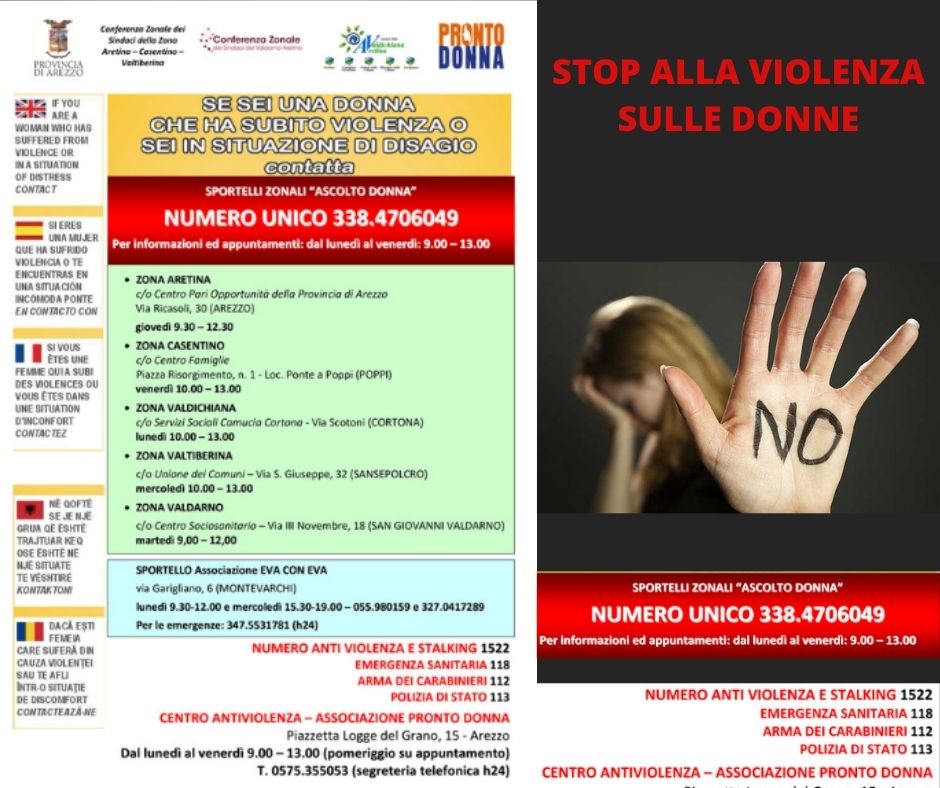 I contatti dei centri zonali del servizio Ascolto Donna

In Valdarno sportello aperto a <a href="/comunesgv/">Comune San Giovanni Valdarno</a> il martedì ore 9-12 al distretto sociosanitario, il lunedì ore 9.30-12 , mercoledì ore 15.30-19 è aperto lo sportello dell'Associazione Eva con Eva in via Garigliano a <a href="/montevarchi/">@montevarchi</a>