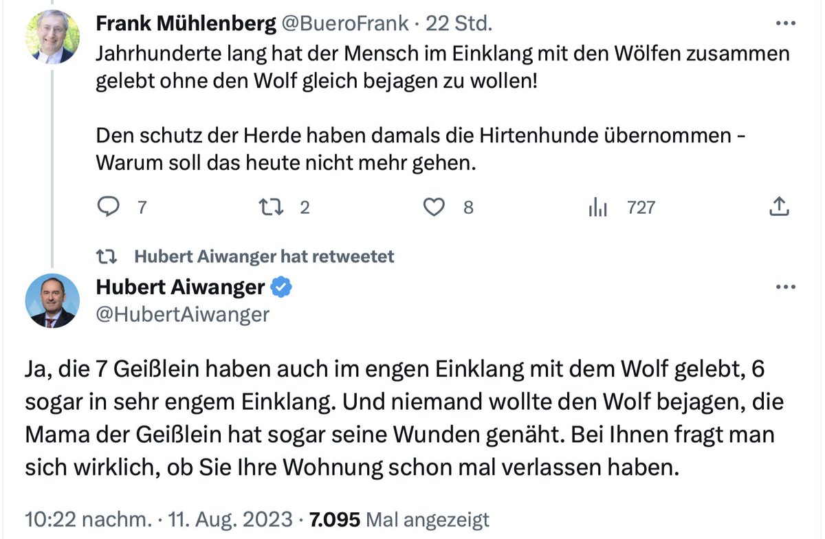 Wer erklärt #Aiwanger mal ganz vorsichtig, 
dass es den Wolf &amp; die 7 Geißlein gar nicht wirklich gegeben hat? 
Und dass Mama Geiß ihm nicht die Wunden nähte, sondern Wackersteine in die Wampe? 
Kommt das durch zuviel #Bild und schlechtes Bildungssystem in Bayern?
#Rumpeldipumpel