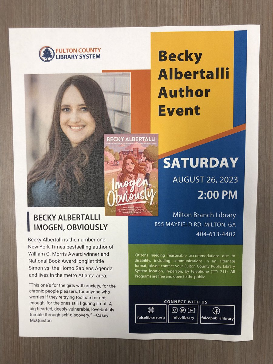 We are just 2weeks away from welcoming back @beckyalbertalli to the Milton Library for her discussion of #ImogenObviously @fulcolibrary @harperteen #TheNewMiltonLibrary
