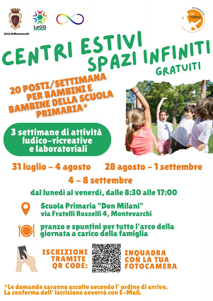 #CentriEstivi progetto 𝐒𝐏𝐀𝐙𝐈 𝐈𝐍𝐅𝐈𝐍𝐈𝐓𝐈

📷 3 settimane #gratuite per i bambini e bambine della scuola primaria residenti a Montevarchi

📷Info: urly.it/3wc8w
