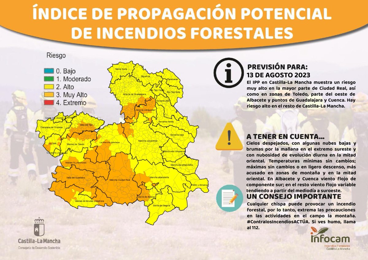 Plan_INFOCAM's tweet photo. ▶️ El #IPP de #IIFF 🔥🔥 para el 13 de agosto en #CastillaLaMancha.
🟧MUY ALTO: gran parte de #CiudadReal, oeste de #Albacete y puntos de #Toledo, #Cuenca y #Guadalajara
🟨 ALTO: resto de #CLM 
#ContralosIncendiosACTÚA
ℹ️ https://t.co/qtqeUMxrCR https://t.co/bRNG4MMB3M
