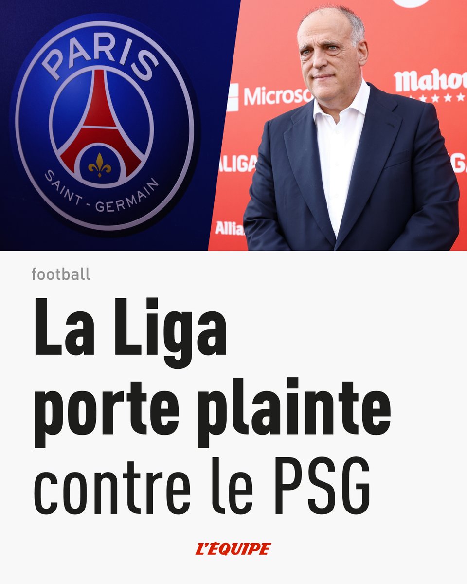 lequipe's tweet photo. La Liga a annoncé, dans un communiqué, porter plainte contre le Paris-Saint-Germain devant la Commission européenne. https://t.co/9CFHJ1yr8J https://t.co/HgTLP5pJB5