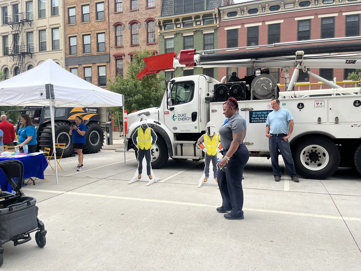 SallyThelen's tweet photo. What a fun day @DukeEnergy and @DowntownCincy today on Court Street. Great turnout and fun showing off our underground line truck and our Sherp foe flooded and saturated areas to have access. https://t.co/l7l0PPDVVc
