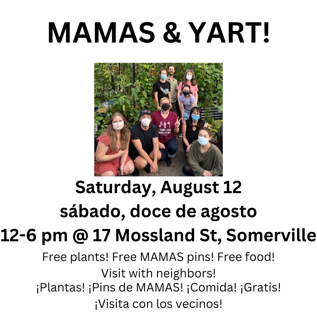 Come visit MAMAS at the YART sale! Now through 6pm (Saturday), we're tabling at 17 Mossland Street Somerville. Free plants, MAMAS pins, and food. Talk to your neighbors, find out more about MAMAS and how you can get involved.