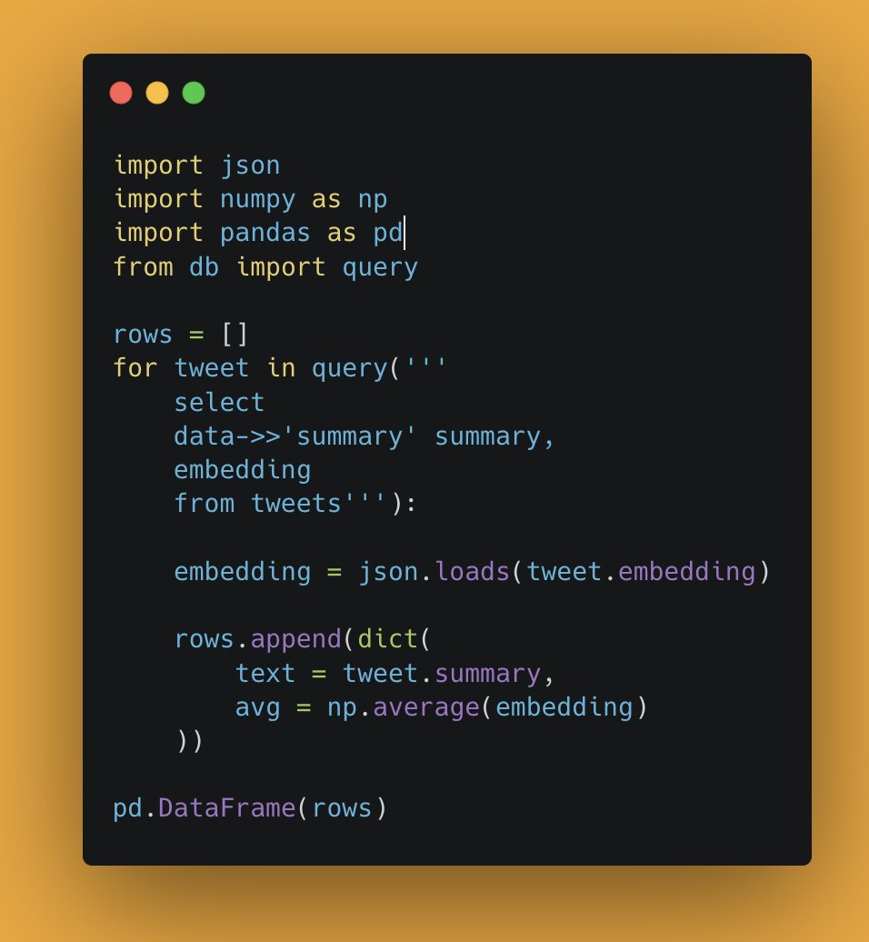 bseanvt's tweet image. This seems silly but how do you convert a vector embedding from #pgvector type to an np array? Seems to be returned as a string from the database.. json.loads works fine but there must be a better way to accomplish this?