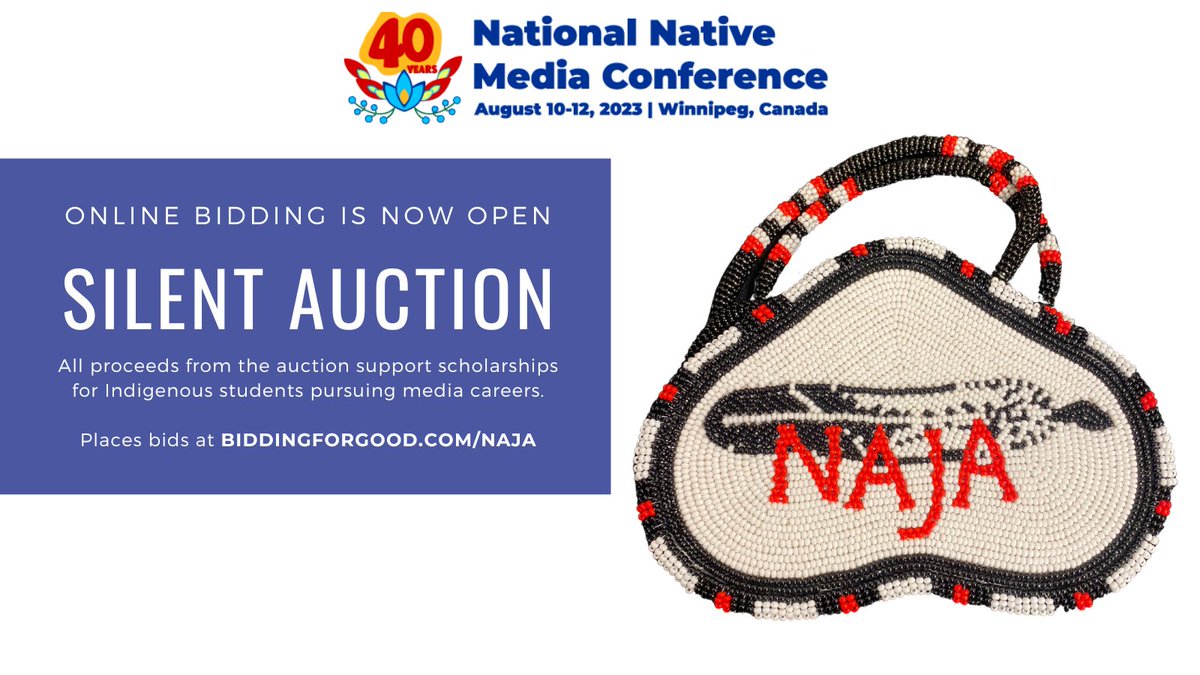 IndigenousJA's tweet image. 📣 Silent Auction is now open! All proceeds support scholarships for Indigenous students pursuing media careers.  Silent Auction will close today @ 8 p.m. CT. Starting bid for the NAJA medallion is $75. #NAJA23 #IndigenousJournalism Visit: biddingforgood.com/NAJA