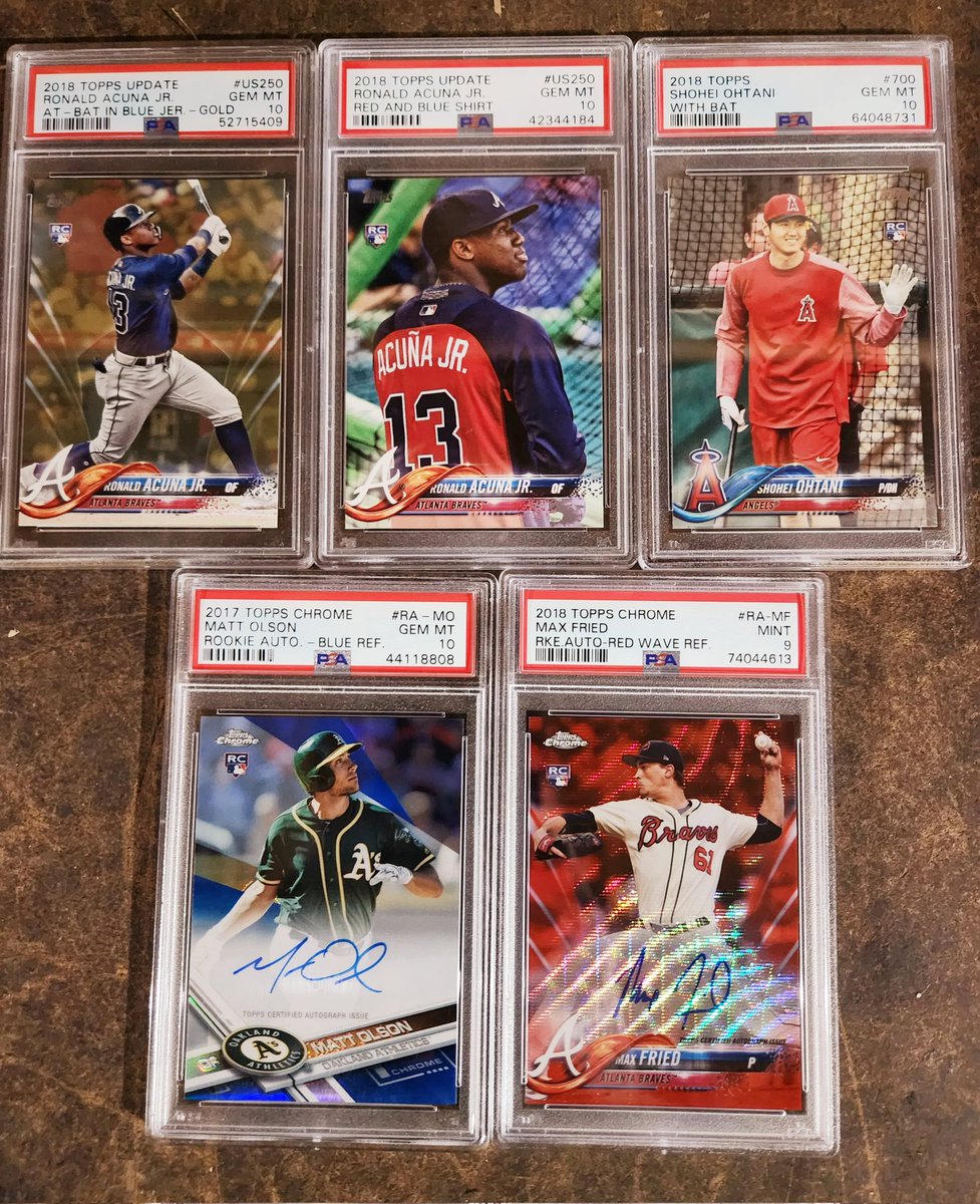 BravesCardboard's tweet photo. @BnsBreaks Mine:
Acuña Gold
Acuña BP Top
Obtani w/ bat
Fried Red Wave auto /5
Olson Blue Refractor Auto/150

I bought the Olson before the season after his insane Spring Training thinking I would flip it, but now it's one of my favorite cards https://t.co/QmwqnwerUp