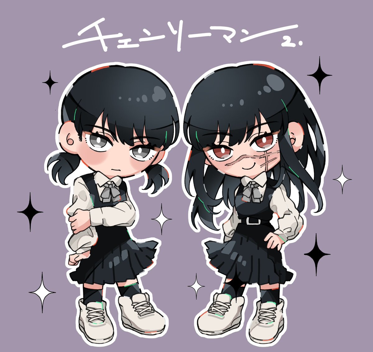 multiple girls 2girls pinafore dress black hair school uniform dress scar  illustration images