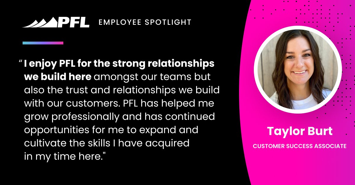 Let’s hear it for PFL’s Customer Success Associate AND this month’s Employee Spotlight, Taylor Burt 👏 Thanks for being a team player and for your dedication to customers. People like you make PFL a wonderful place to work! #LifeatPFL #employeespotlight #workwithus #PFL